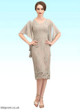 Quinn Sheath/Column V-neck Knee-Length Chiffon Lace Mother of the Bride Dress With Cascading Ruffles STB126P0014925