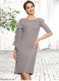 Saniya Sheath/Column Scoop Neck Knee-Length Chiffon Mother of the Bride Dress With Crystal Brooch Cascading Ruffles STB126P0014943
