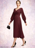 Maleah A-Line V-neck Tea-Length Mother of the Bride Dress With Ruffle STB126P0014948