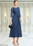 Sharon A-Line Scoop Neck Tea-Length Chiffon Mother of the Bride Dress With Ruffle Bow(s) STB126P0014954