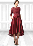 Kiley A-Line Scoop Neck Asymmetrical Satin Lace Mother of the Bride Dress With Sequins Pockets STB126P0014962