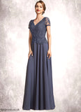 Peyton A-Line V-neck Floor-Length Chiffon Lace Mother of the Bride Dress With Sequins STB126P0014964
