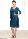 Chana Sheath/Column V-neck Knee-Length Chiffon Lace Mother of the Bride Dress With Crystal Brooch STB126P0014972