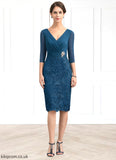 Chana Sheath/Column V-neck Knee-Length Chiffon Lace Mother of the Bride Dress With Crystal Brooch STB126P0014972