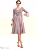 Azul A-Line V-neck Knee-Length Chiffon Lace Mother of the Bride Dress With Sequins Cascading Ruffles STB126P0014977