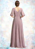 Luciana A-Line V-neck Floor-Length Chiffon Mother of the Bride Dress With Ruffle STB126P0014992