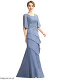 Johanna A-Line Scoop Neck Floor-Length Chiffon Lace Mother of the Bride Dress With Sequins Cascading Ruffles STB126P0014997