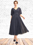 Jade A-Line V-neck Tea-Length Chiffon Mother of the Bride Dress With Pleated STB126P0015012