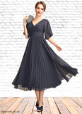 Jade A-Line V-neck Tea-Length Chiffon Mother of the Bride Dress With Pleated STB126P0015012