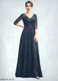 Jimena A-Line V-neck Floor-Length Chiffon Lace Mother of the Bride Dress With Sequins Split Front STB126P0015014