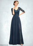 Jimena A-Line V-neck Floor-Length Chiffon Lace Mother of the Bride Dress With Sequins Split Front STB126P0015014