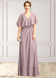 India A-Line V-neck Floor-Length Chiffon Mother of the Bride Dress With Ruffle STB126P0015026