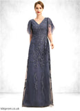 Jamiya A-line V-Neck Floor-Length Lace Tulle Mother of the Bride Dress With Sequins STB126P0021635