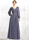 Shayna A-line V-Neck Floor-Length Chiffon Mother of the Bride Dress With Pleated Appliques Lace Sequins STB126P0021652