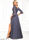 Tiara A-line V-Neck Floor-Length Chiffon Mother of the Bride Dress With Cascading Ruffles STB126P0021653