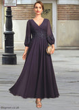 Gertrude A-line V-Neck Ankle-Length Chiffon Lace Mother of the Bride Dress With Sequins STB126P0021655