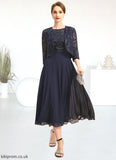 Eva A-line Boat Neck Illusion Tea-Length Chiffon Lace Mother of the Bride Dress With Sequins STB126P0021658