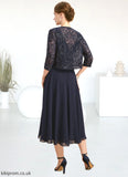 Eva A-line Boat Neck Illusion Tea-Length Chiffon Lace Mother of the Bride Dress With Sequins STB126P0021658