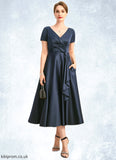 Aubrey A-line V-Neck Tea-Length Satin Mother of the Bride Dress With Cascading Ruffles STB126P0021661