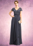 Lia A-line V-Neck Floor-Length Chiffon Lace Mother of the Bride Dress With Beading Cascading Ruffles Sequins STB126P0021675