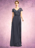 Lia A-line V-Neck Floor-Length Chiffon Lace Mother of the Bride Dress With Beading Cascading Ruffles Sequins STB126P0021675