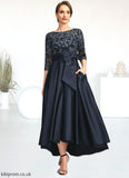Hazel A-line Scoop Illusion Asymmetrical Lace Satin Mother of the Bride Dress With Bow STB126P0021678