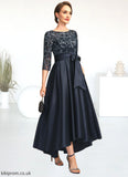 Hazel A-line Scoop Illusion Asymmetrical Lace Satin Mother of the Bride Dress With Bow STB126P0021678