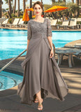 Kali A-line Asymmetrical Asymmetrical Chiffon Lace Mother of the Bride Dress With Pleated Sequins STB126P0021688