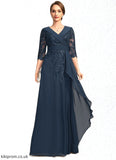 Lea A-line V-Neck Floor-Length Chiffon Lace Mother of the Bride Dress With Cascading Ruffles Sequins STB126P0021691