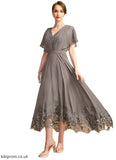 Makenna A-line V-Neck Asymmetrical Chiffon Lace Mother of the Bride Dress With Pleated STB126P0021699