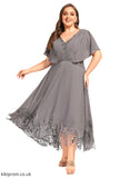 Makenna A-line V-Neck Asymmetrical Chiffon Lace Mother of the Bride Dress With Pleated STB126P0021699