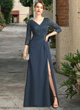 Gina Sheath/Column V-Neck Floor-Length Chiffon Lace Mother of the Bride Dress With Beading Pleated Sequins STB126P0021743