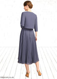 Charlize A-line Scoop Tea-Length Chiffon Mother of the Bride Dress With Bow Pleated STB126P0021763