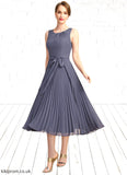 Charlize A-line Scoop Tea-Length Chiffon Mother of the Bride Dress With Bow Pleated STB126P0021763