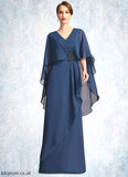 Zoe A-line V-Neck Floor-Length Chiffon Mother of the Bride Dress With Beading Cascading Ruffles STB126P0021766