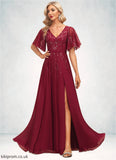 Natalia A-line V-Neck Floor-Length Chiffon Lace Mother of the Bride Dress With Sequins STB126P0021767