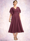 Ava A-line V-Neck Tea-Length Chiffon Mother of the Bride Dress With Beading Pleated STB126P0021774