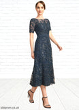 Eva A-line Scoop Illusion Tea-Length Lace Mother of the Bride Dress With Sequins STB126P0021781