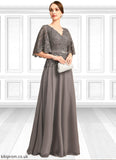 Madalynn A-line V-Neck Floor-Length Chiffon Lace Mother of the Bride Dress With Rhinestone Crystal Brooch STB126P0021782