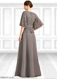 Madalynn A-line V-Neck Floor-Length Chiffon Lace Mother of the Bride Dress With Rhinestone Crystal Brooch STB126P0021782