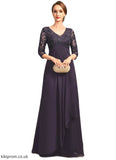 Yvonne A-line V-Neck Floor-Length Chiffon Lace Mother of the Bride Dress With Cascading Ruffles Sequins STB126P0021796