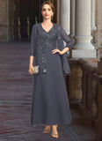 Yazmin A-line V-Neck Ankle-Length Chiffon Lace Sequin Mother of the Bride Dress STB126P0021798