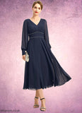 Melissa A-line V-Neck Tea-Length Chiffon Mother of the Bride Dress With Beading Pleated STB126P0021804