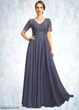 Kenya A-line V-Neck Illusion Floor-Length Chiffon Lace Mother of the Bride Dress With Sequins STB126P0021867