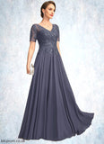 Kenya A-line V-Neck Illusion Floor-Length Chiffon Lace Mother of the Bride Dress With Sequins STB126P0021867