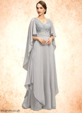 Iris A-line V-Neck Floor-Length Chiffon Lace Mother of the Bride Dress With Cascading Ruffles Sequins STB126P0021883