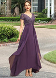 Aliya A-line V-Neck Asymmetrical Chiffon Lace Mother of the Bride Dress With Cascading Ruffles STB126P0021899