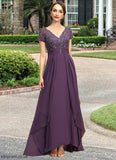 Aliya A-line V-Neck Asymmetrical Chiffon Lace Mother of the Bride Dress With Cascading Ruffles STB126P0021899