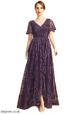 Naomi A-line V-Neck Asymmetrical Lace Mother of the Bride Dress With Cascading Ruffles STB126P0021918