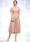 Rhoda A-line V-Neck Tea-Length Chiffon Lace Mother of the Bride Dress With Pleated STB126P0021927